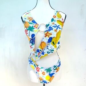 Yellow & Blue Multicolor Lemon Cutout Monokini Swimsuit Size Medium